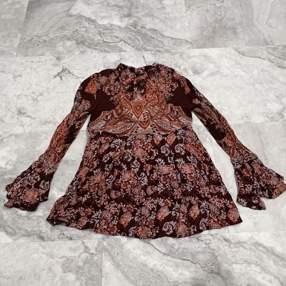 Free People Lady Luck Printed Tunic High Neck Bell Sleeve Tie Dress Sz XSmall XS - Picture 6 of 10